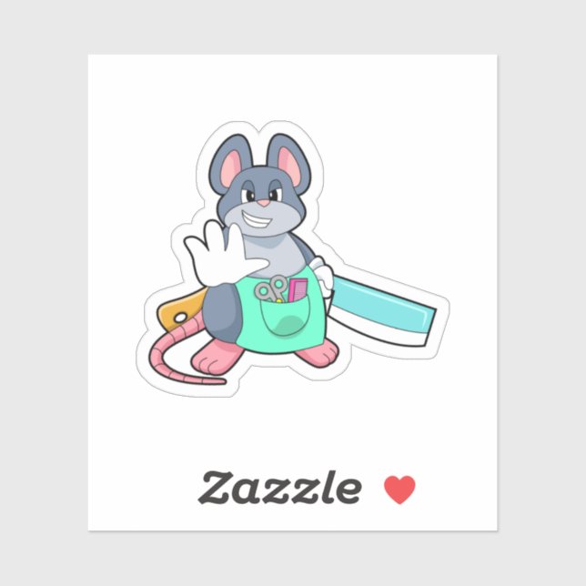 Pegatina Ratón como peluquero con tijeras y comb (Hoja)