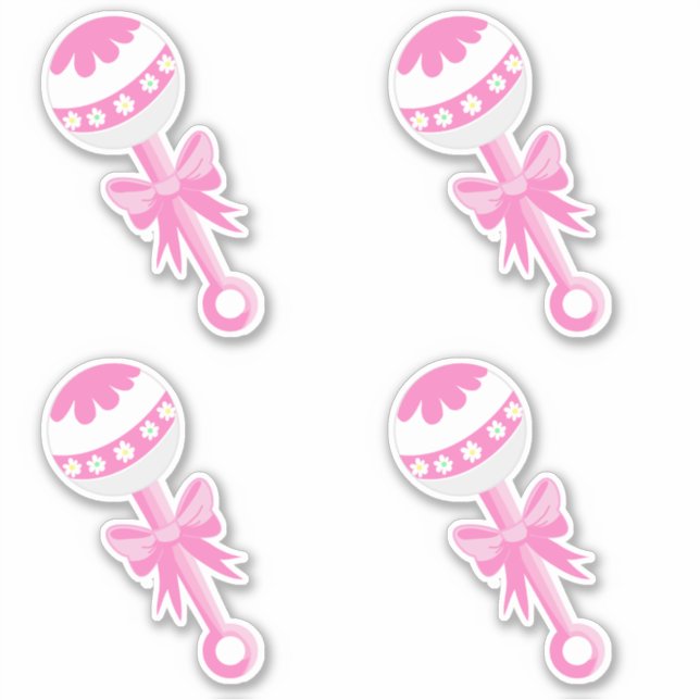 Pegatina Rattles Baby Shower rosados con bow (Anverso)