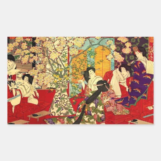 PEGATINA RECTANGULAR 宦女桜筵連歌ノ図 (Anverso)