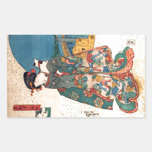 Pegatina Rectangular 少 女 と 猫, 国 芳 Chica con Cat, Kuniyoshi, Ukiyo-e
