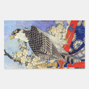 Pegatina Rectangular 桜 に ハ ヤ ブ サ, Falcon & Cherry Blossoms, Hokusai, Uk