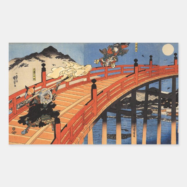 Pegatina Rectangular 義 経 と 弁, 国 芳, Yoshitsune & Benkei, Kuniyoshi, Ukiy (Anverso)