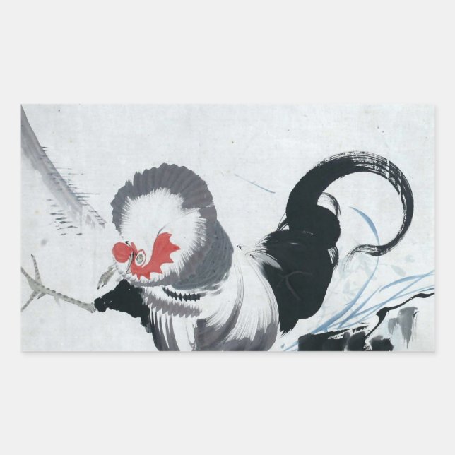 Pegatina Rectangular 雄 鶏 図, 若 Rooster (detalle), Jakuchu (Anverso)