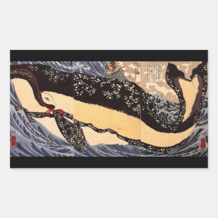 Pegatina Rectangular 鯨 巨, 国 芳 Gran Ballena, Kuniyoshi, Ukiyoe