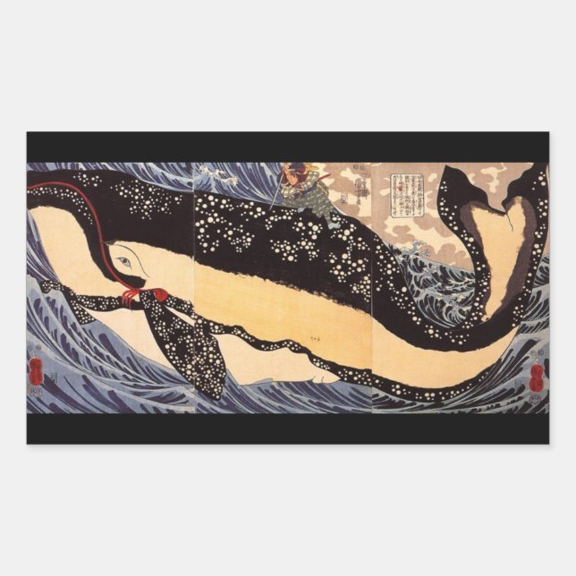 Pegatina Rectangular 鯨 巨, 国 芳 Gran Ballena, Kuniyoshi, Ukiyoe (Anverso)