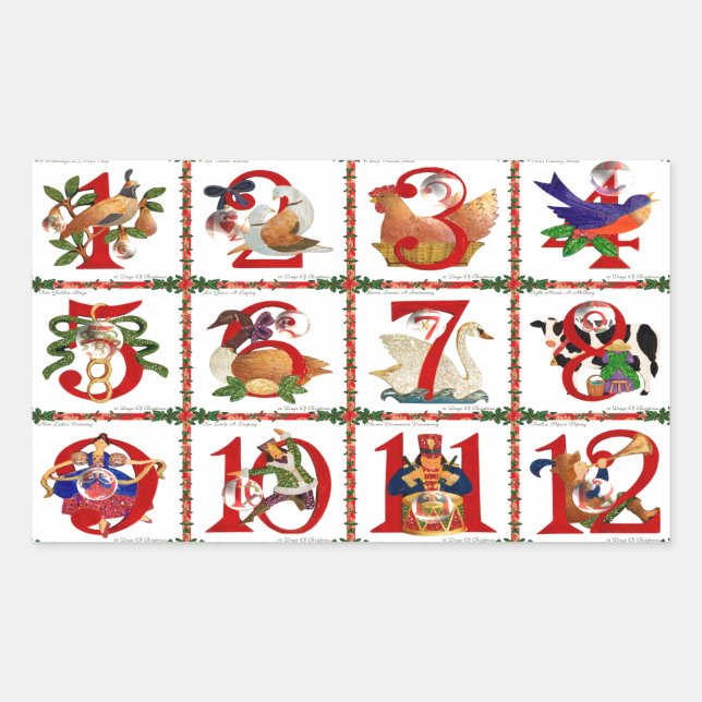 Pegatina Rectangular 12 Días de Regalos de Impresión de Colcha de Navid (Anverso)