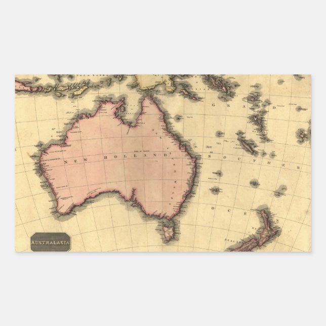 Pegatina Rectangular 1818 mapa de Australasia - Australia, Nueva (Anverso)