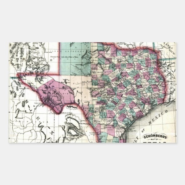 Pegatina Rectangular 1866 Mapa Anticuario de Texas, por Schönberg & Co. (Anverso)
