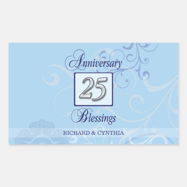 Pegatina Rectangular 25 años en azul y plata (Anverso)