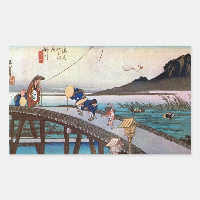 Pegatina Rectangular 27. 掛 川 宿, 広 Kakegawa-juku, Hiroshige, Ukiyo-e (Anverso)