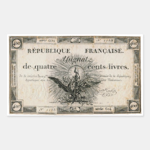 Pegatina Rectangular 400 Livres French Revolution Assignat Bank Note
