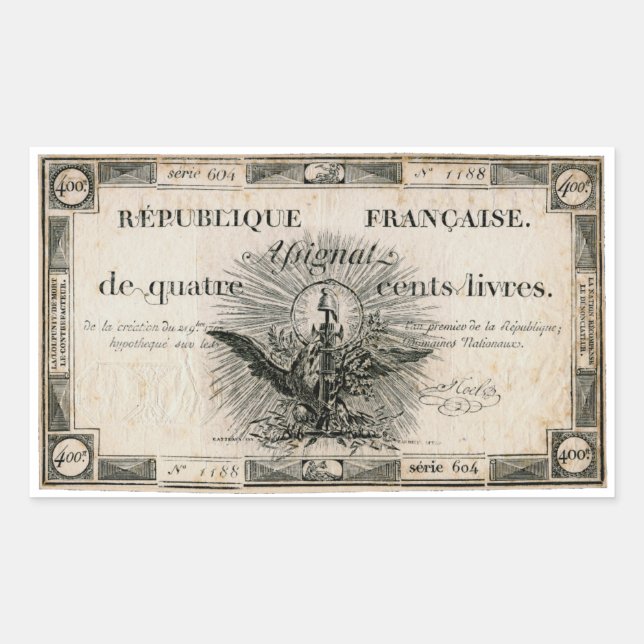 Pegatina Rectangular 400 Livres French Revolution Assignat Bank Note (Anverso)