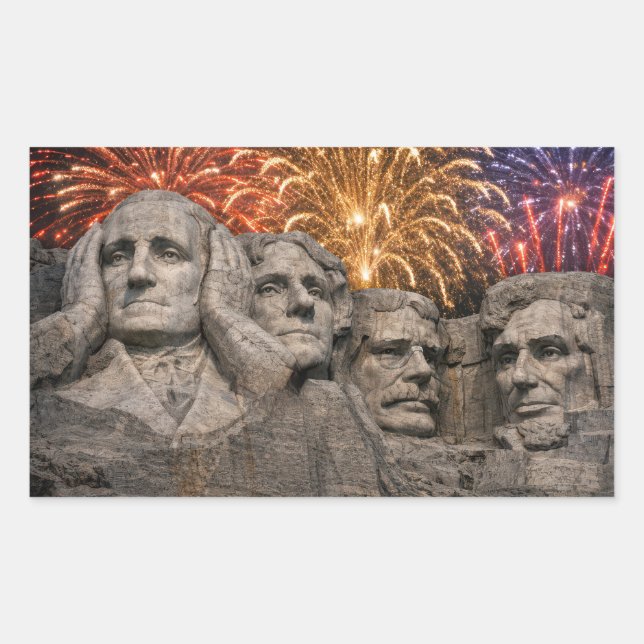 Pegatina Rectangular 4 de julio Humor de Mount Rushmore con Fuegos Arti (Anverso)