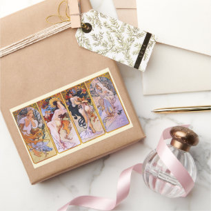Pegatina Rectangular 4 Estaciones de Alphonse Mucha, Arte Nouveau Antig