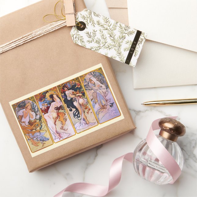 Pegatina Rectangular 4 Estaciones de Alphonse Mucha, Arte Nouveau Antig (Regalar)
