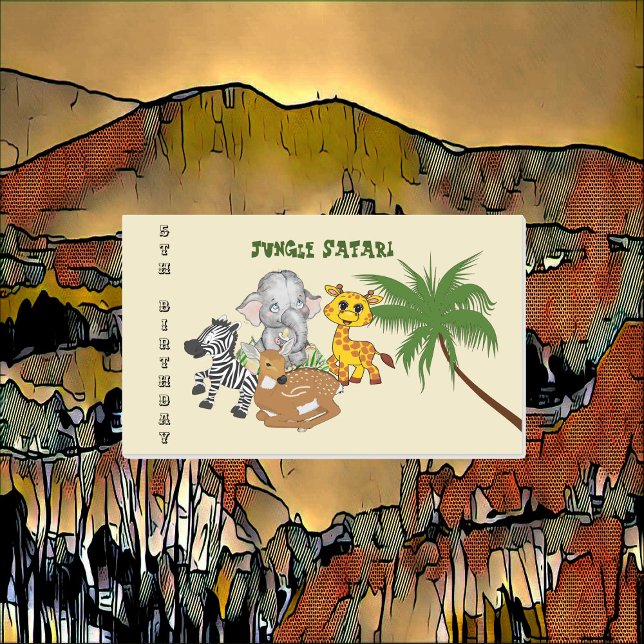 Pegatina Rectangular 5.º cumpleaños Selva Elefante de Cebra de Azúcar (5th Birthday Jungle Safari Elephant Zebra Tiger Rectangular Sticker)