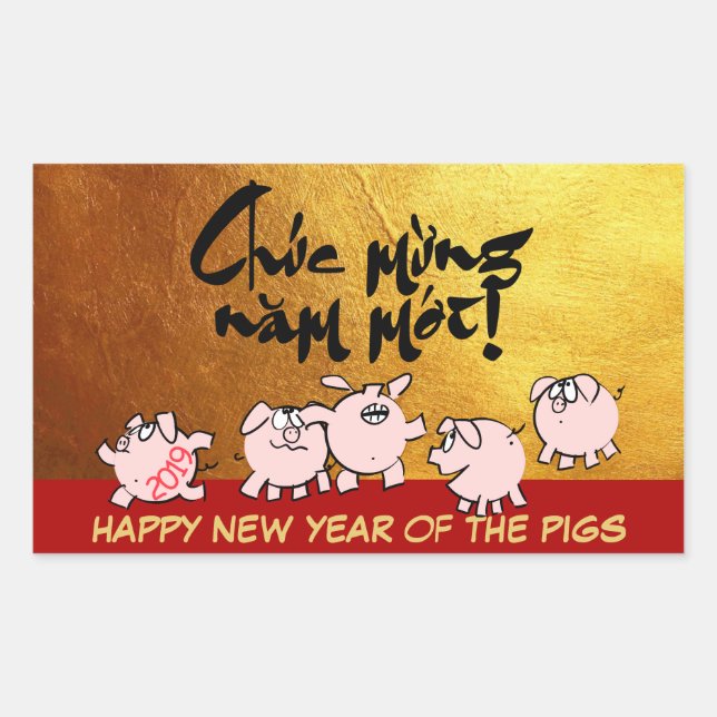 Pegatina Rectangular 5 graciosos cómics Personalizados Año Cerdo Vietna (Anverso)