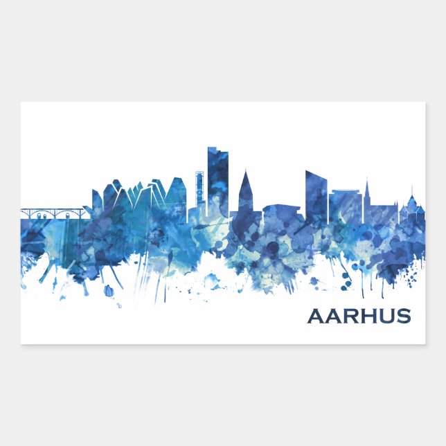 Pegatina Rectangular Aarhus Dinamarca Skyline Blue (Anverso)