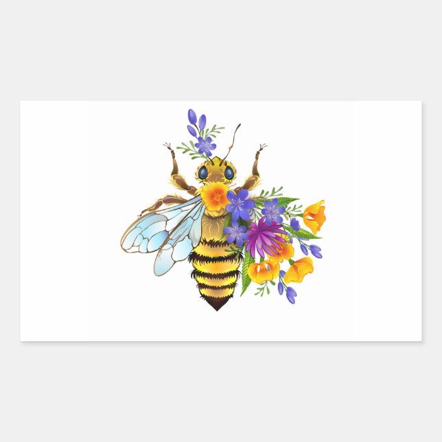 Pegatina Rectangular Abeja de flor con plantas silvestres (Anverso)