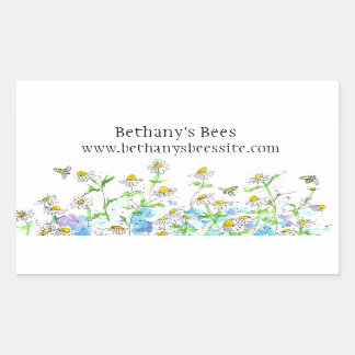 Pegatina Rectangular Abejas de miel Flores de Chamomile Nombre personal