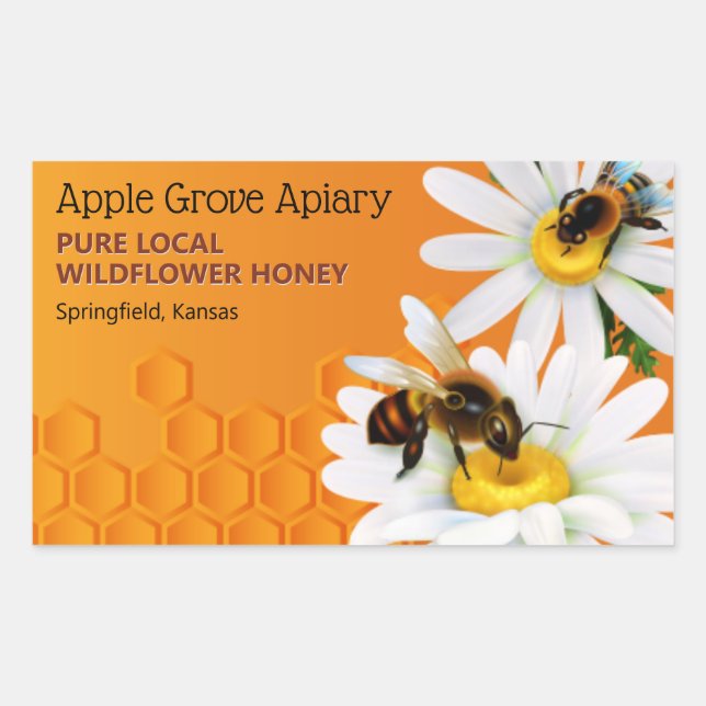 Pegatina Rectangular Abejas y flores de margarita Honey Jar (Anverso)