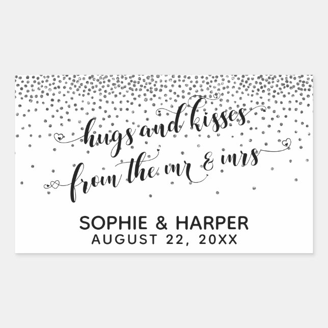 Pegatina Rectangular Abrazos y besos del Sr. y la Sra. Silver Confetti (Anverso)