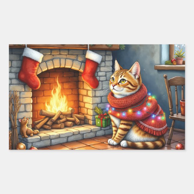 Pegatina Rectangular Abyssinian Cat Sitting by Fireplace with Christmas (Anverso)