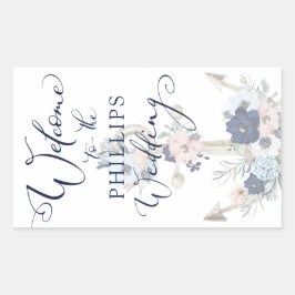 Pegatina Rectangular ACOGIDA Azul Boda Náutica Ancla Floral