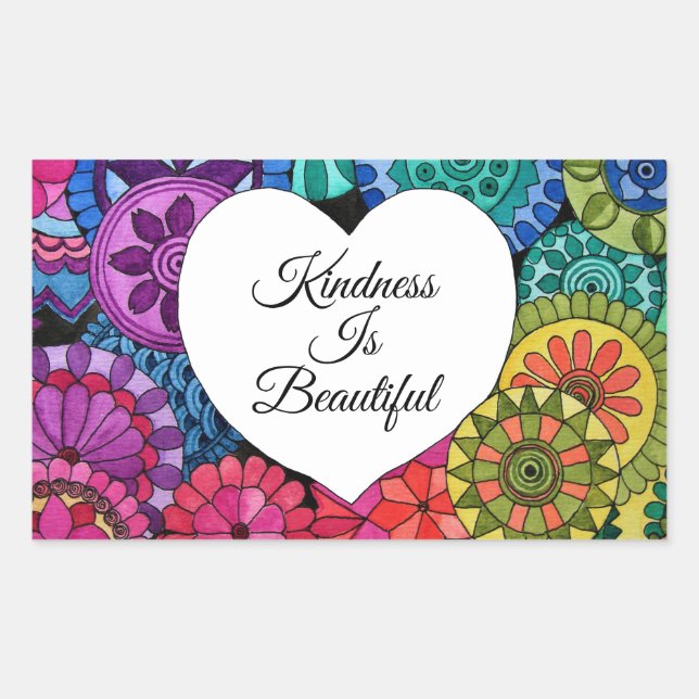 Pegatina Rectangular Acuarela Arcoiris Mandala con corazón (Anverso)