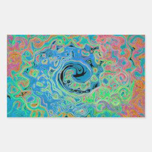 Pegatina Rectangular Acuarela Azul Groovy Abstracto Retro Bañón Líquido