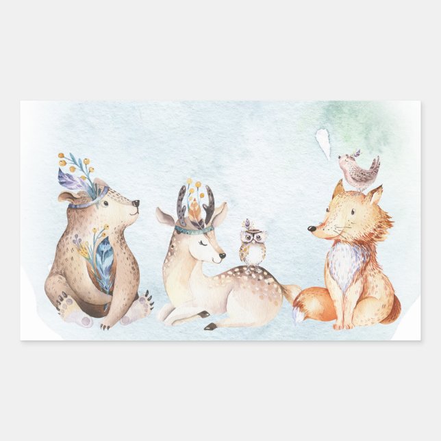 Pegatina Rectangular Acuarela Boho Oso Animales Rústicos Baby Shower (Anverso)