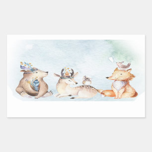Pegatina Rectangular Acuarela Boho Oso Animales Rústicos Baby Shower