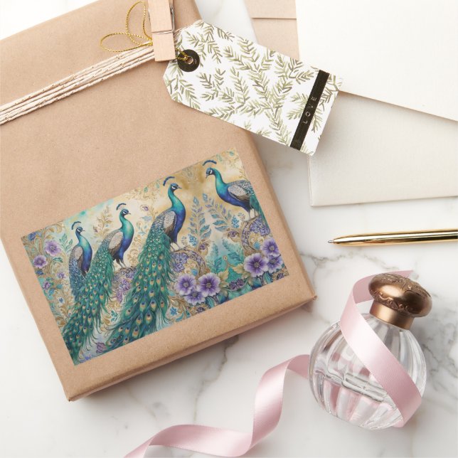 Pegatina Rectangular Acuarela floral de pavo real (Regalar)