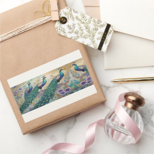 Pegatina Rectangular Acuarela floral de pavo real