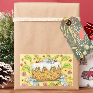 Pegatina Rectangular Adorables ratones de Navidad llevando un postre de