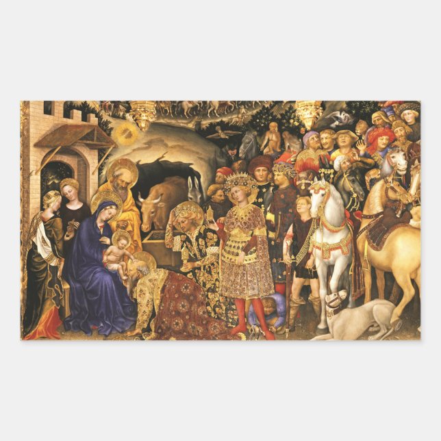 Pegatina Rectangular ADORACIÓN DE MAGI Gentile Da Fabriano, Navidades (Anverso)