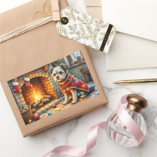 Pegatina Rectangular Affenpinscher Sentado Chimenea Luces de Navidad