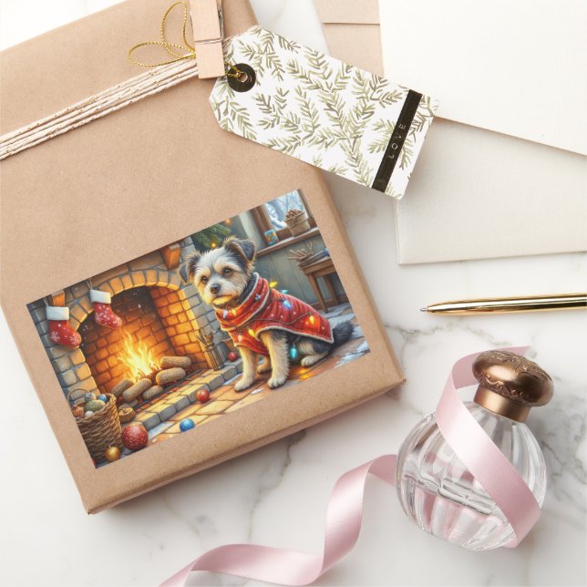 Pegatina Rectangular Affenpinscher Sentado Chimenea Luces de Navidad (Regalar)