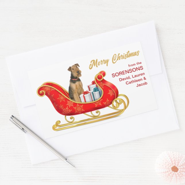 Pegatina Rectangular Airedale Terrier Dog Navidad Sleigh (Sobre)