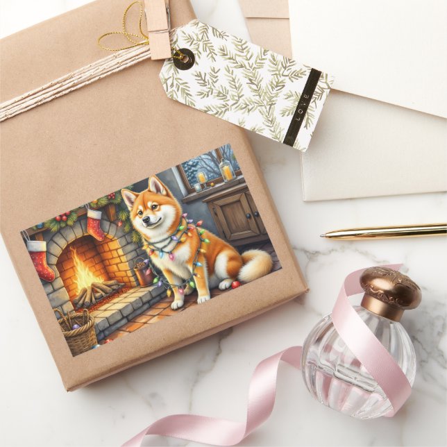 Pegatina Rectangular Akita Sitting by Fireplace with Christmas Lights (Regalar)