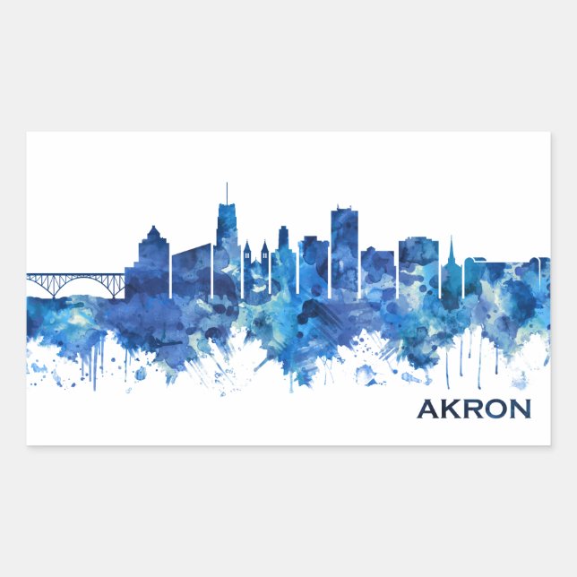 Pegatina Rectangular Akron Ohio Skyline Blue (Anverso)
