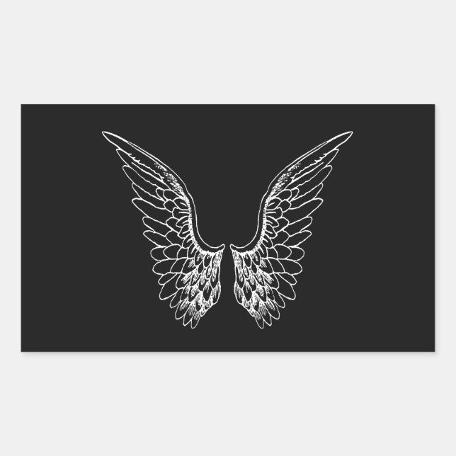 Pegatina Rectangular Alas de Ángel Blanco sobre fondo negro (Anverso)