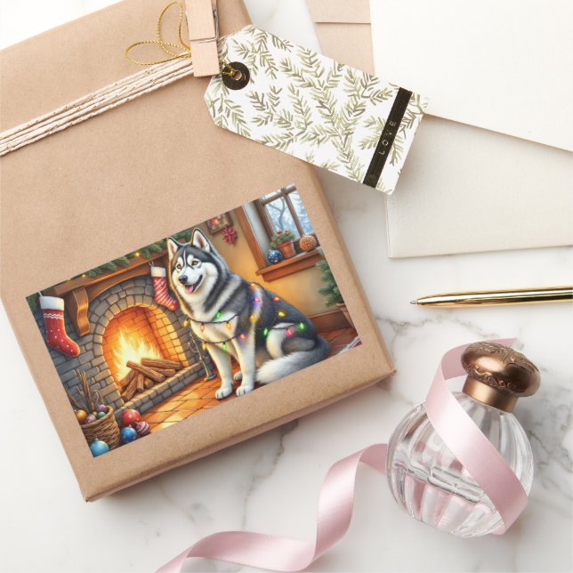 Pegatina Rectangular Alaskan Malamute Chimenea con Luces de Navidad (Regalar)