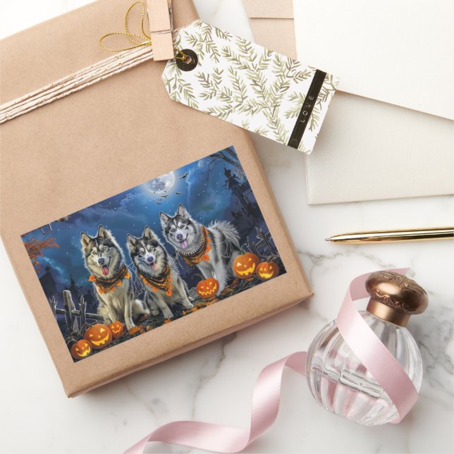 Pegatina Rectangular Alaskan Malamute Halloween Espeluznante  (Regalar)