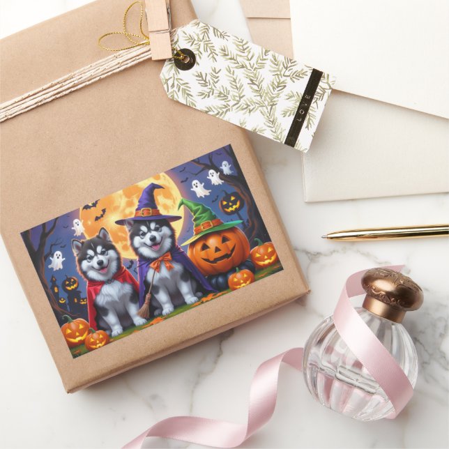 Pegatina Rectangular Alaskan Malamute Perros Calabaza Halloween Funny (Regalar)