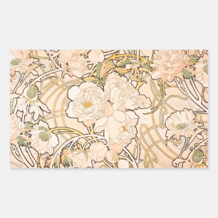 Pegatina Rectangular Alfonse Mucha Art Nouveau Peonies