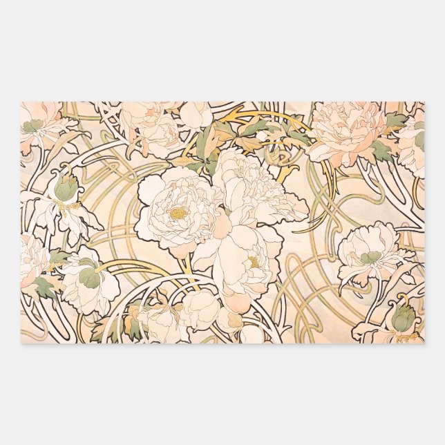 Pegatina Rectangular Alfonse Mucha Art Nouveau Peonies (Anverso)