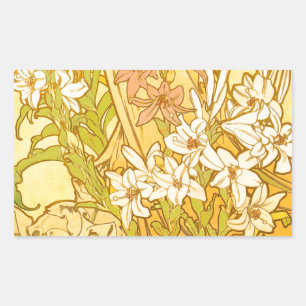 Pegatina Rectangular Alfonse Mucha Flores de lirio Art Nouveau