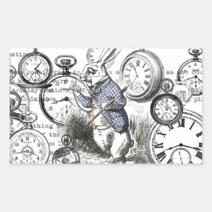 Pegatina Rectangular Alicia de Conejo Blanco en Relojes de Maravilla