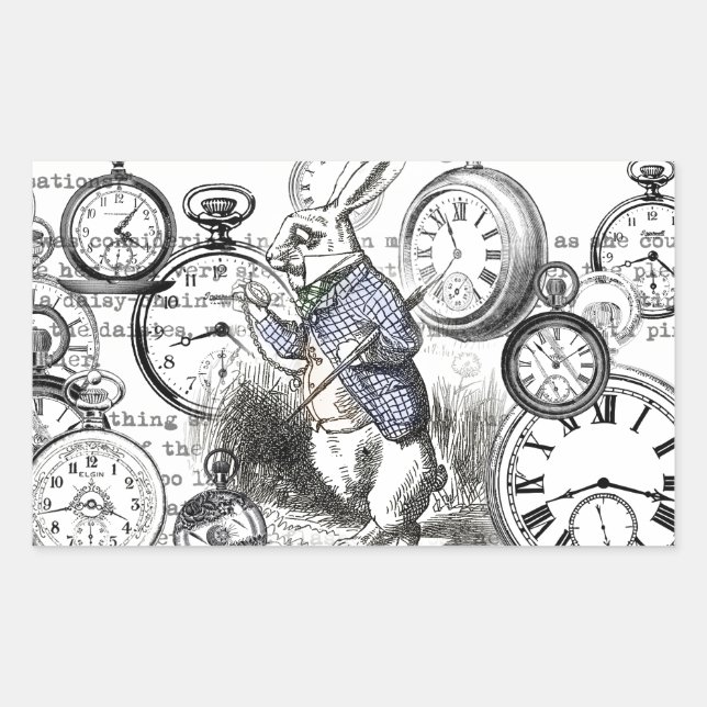 Pegatina Rectangular Alicia de Conejo Blanco en Relojes de Maravilla (Anverso)